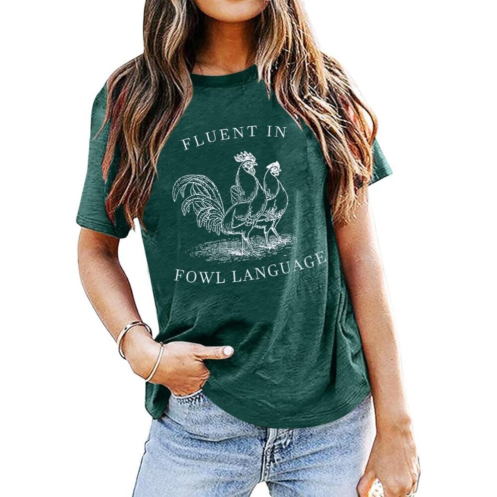 Women Chicken T-Shirt Farm Tee Cartoon Funny Fowl Language Gift Small